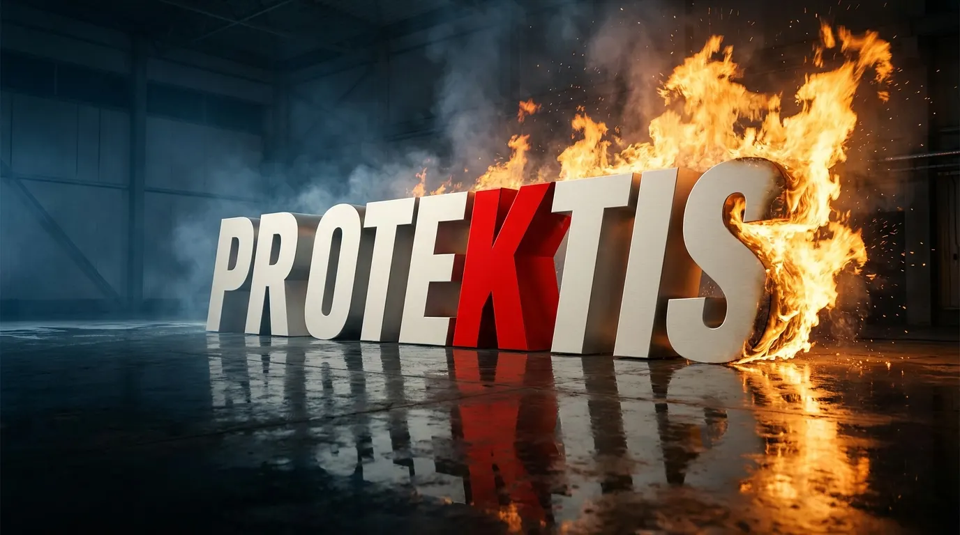 Het Protektis-wordmark met rode K houdt als een schild een vuurzee tegen: vlammen en rook slaan tegen de letters, de andere zijde blijft veilig en rookvrij