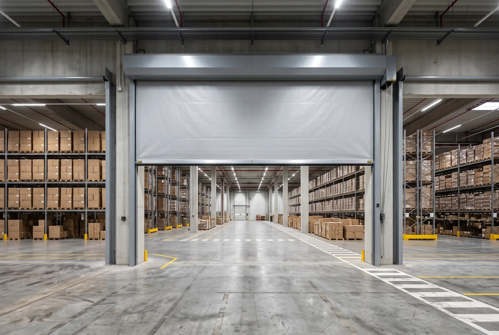 Groot brandwerend scherm boven een doorgang tussen twee hallen van een distributiecentrum