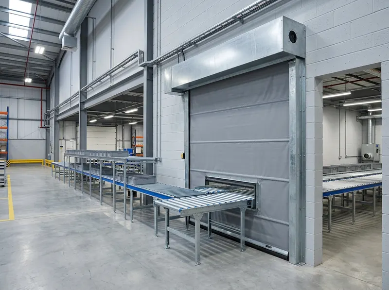Brandwerend scherm BACHFIRE CONFLEX rond een transportbanddoorvoer in een distributiecentrum