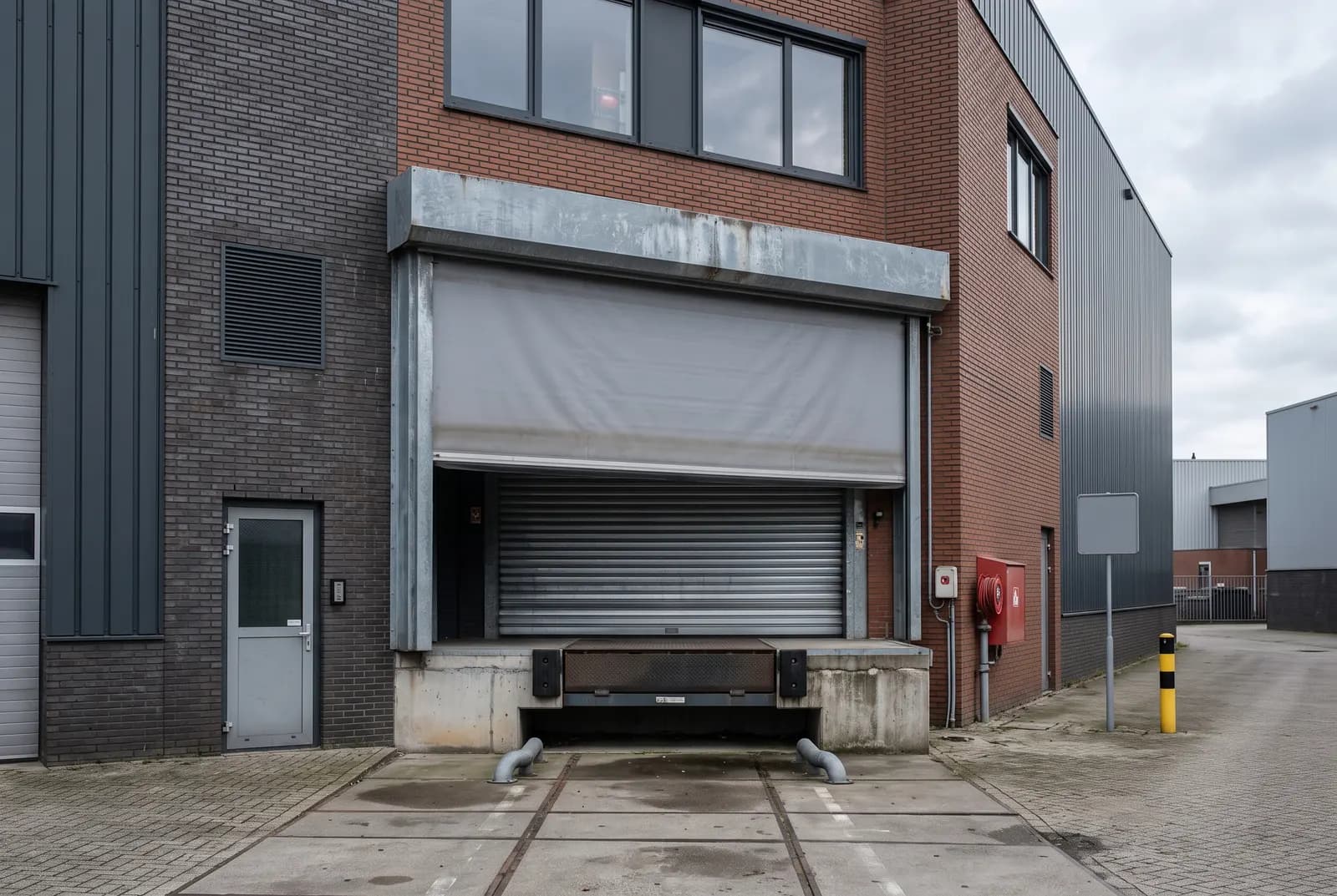Brandwerend gevelscherm gemonteerd boven een grote gevelopening van een bedrijfspand