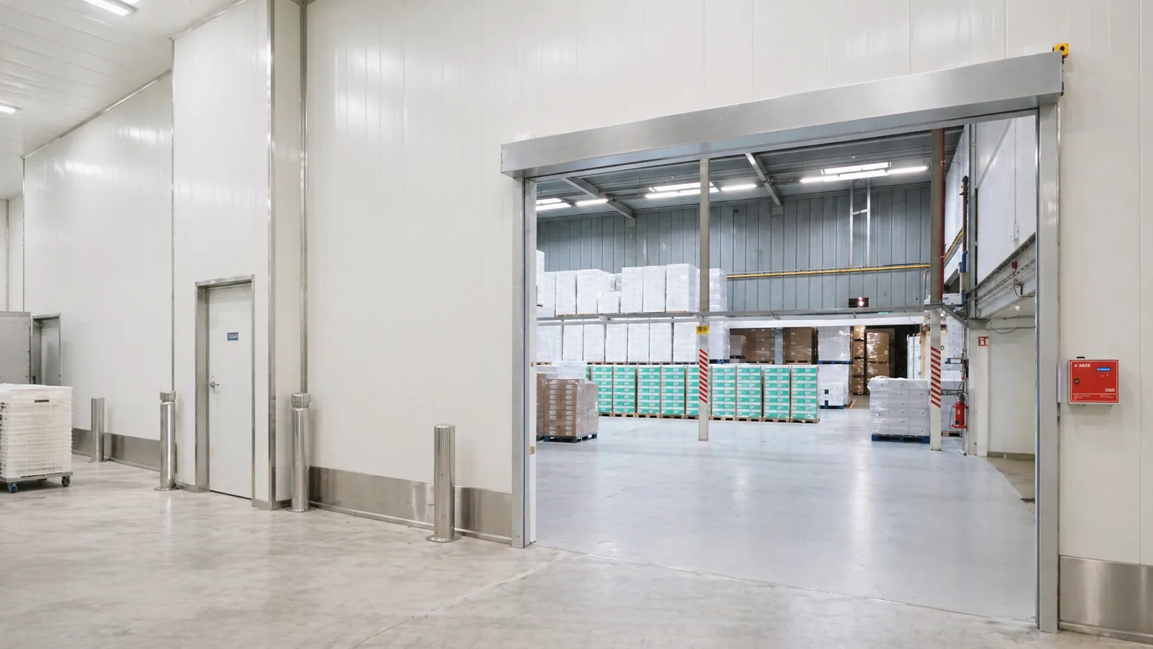 Brandwerend scherm weggewerkt in een gladde wand van een hygiënische voedingsomgeving, naast de doorgang naar het magazijn